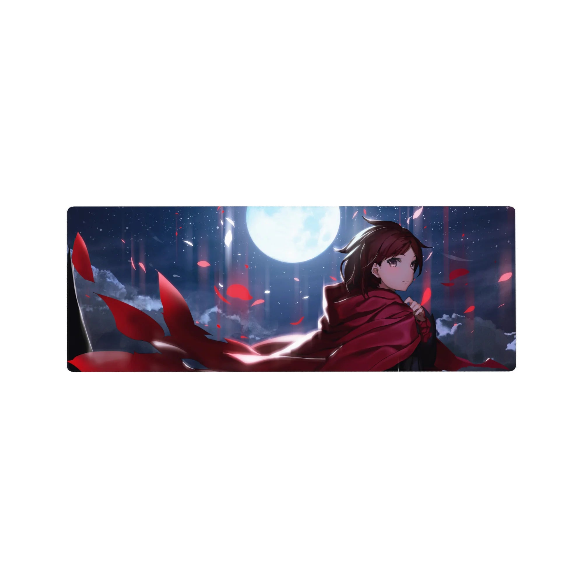 32x12 inches anime girl mouse pad with red cloak, wind-swept hair, and falling crimson petals at night.