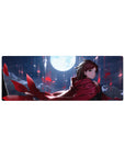 32x12 inches anime girl mouse pad with red cloak, wind-swept hair, and falling crimson petals at night.