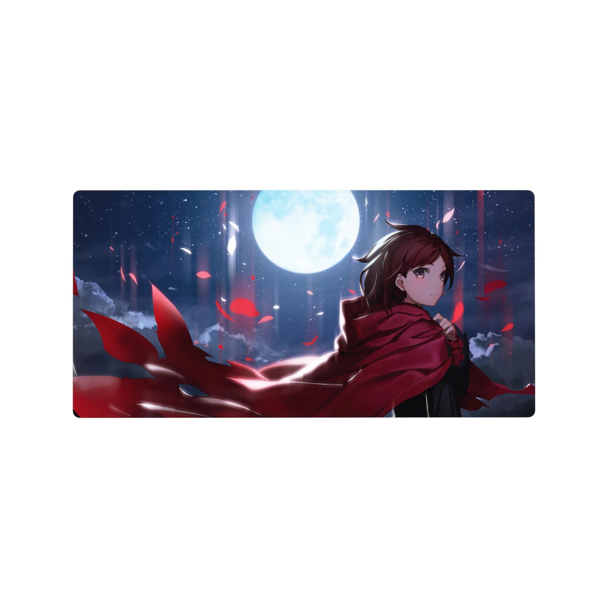 32x16 inches anime girl mouse pad with red cloak, wind-swept hair, and crimson petals at night.
