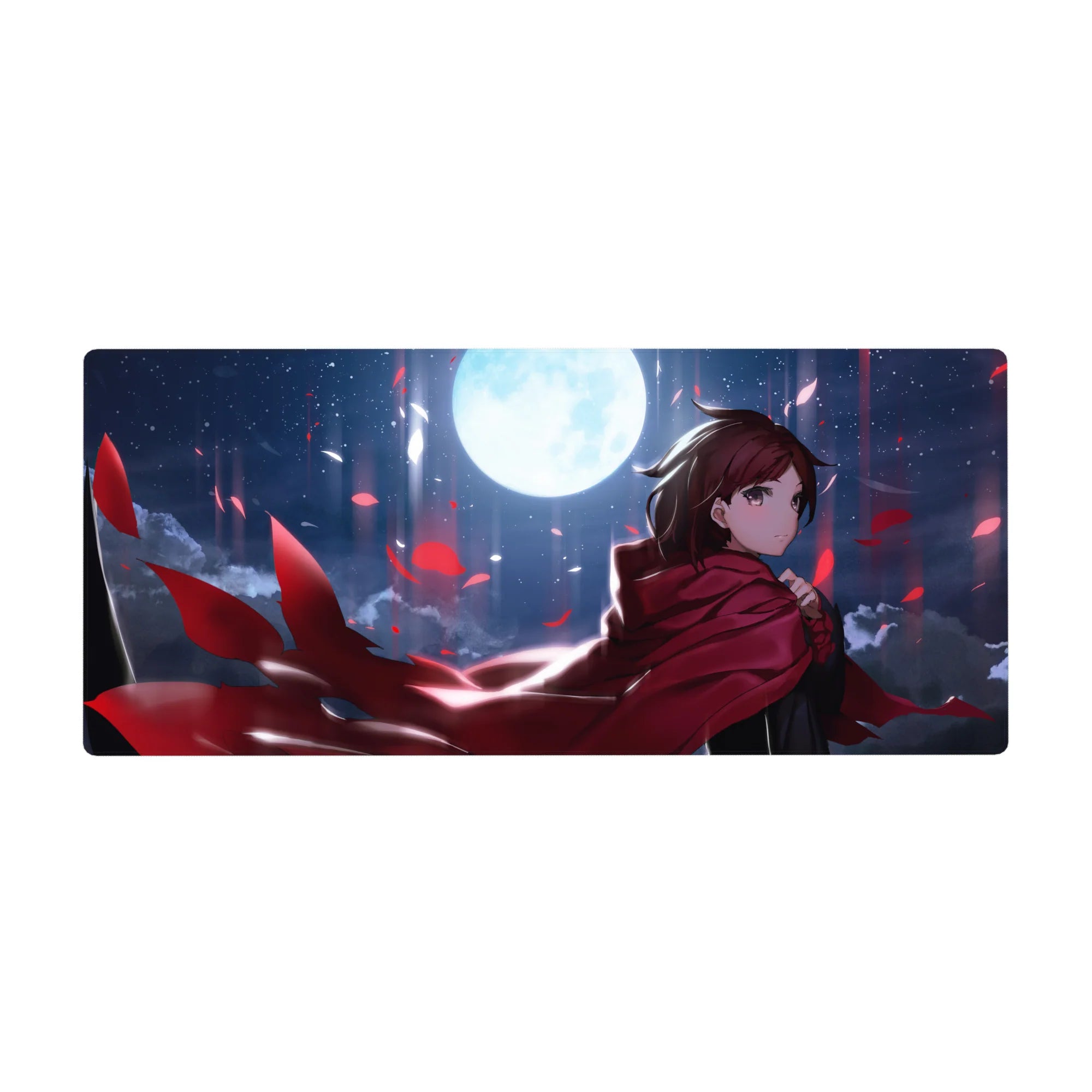 Anime girl desk pad 36x16 inches with red cloak heroine, wind-swept hair, petals, midnight sky art.