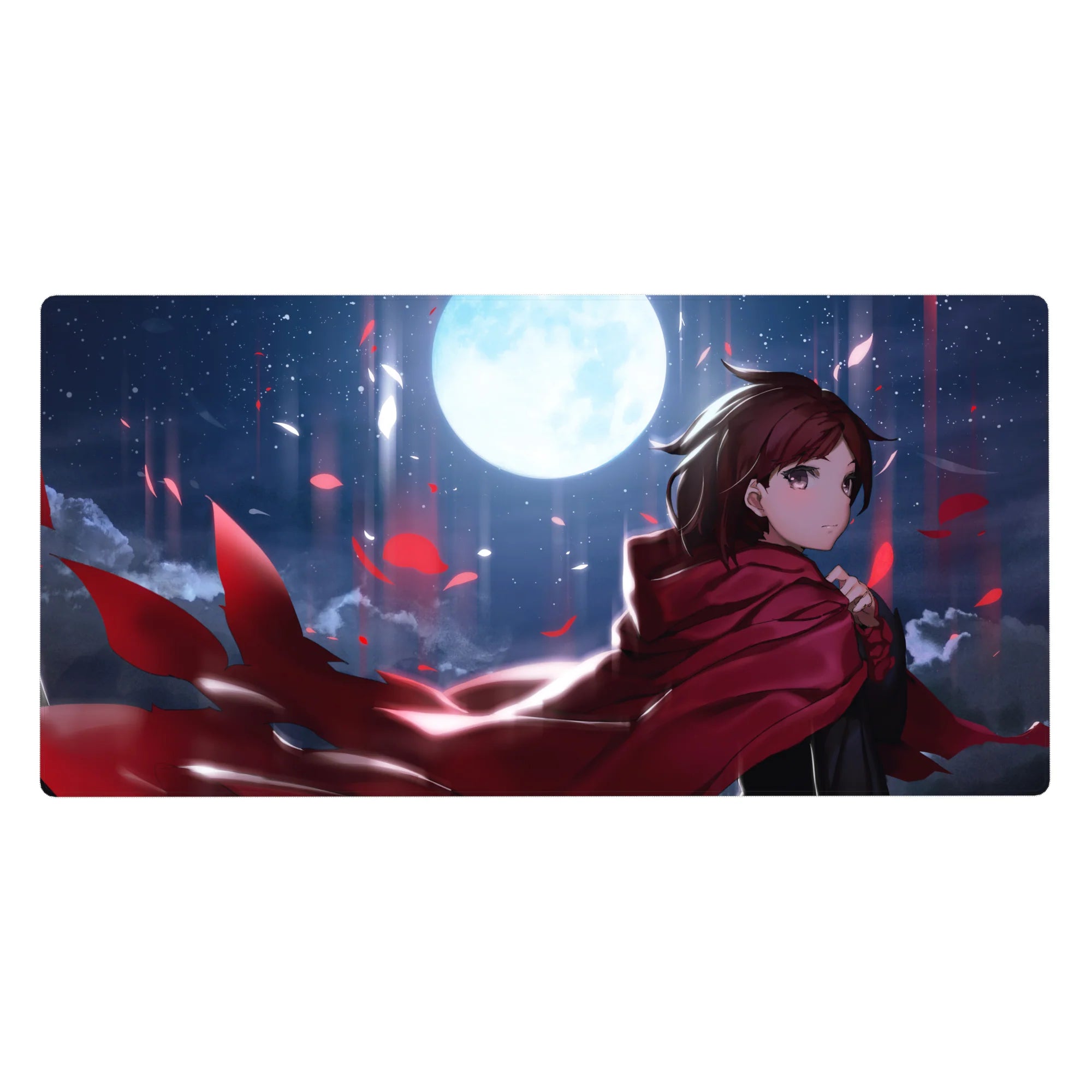 Anime girl desk pad 40x20 inches with red cloak, windblown hair, and crimson petals under a night sky.