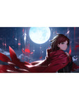 Anime girl desk pad 40x20 inches with red cloak, windblown hair, and crimson petals under a night sky.
