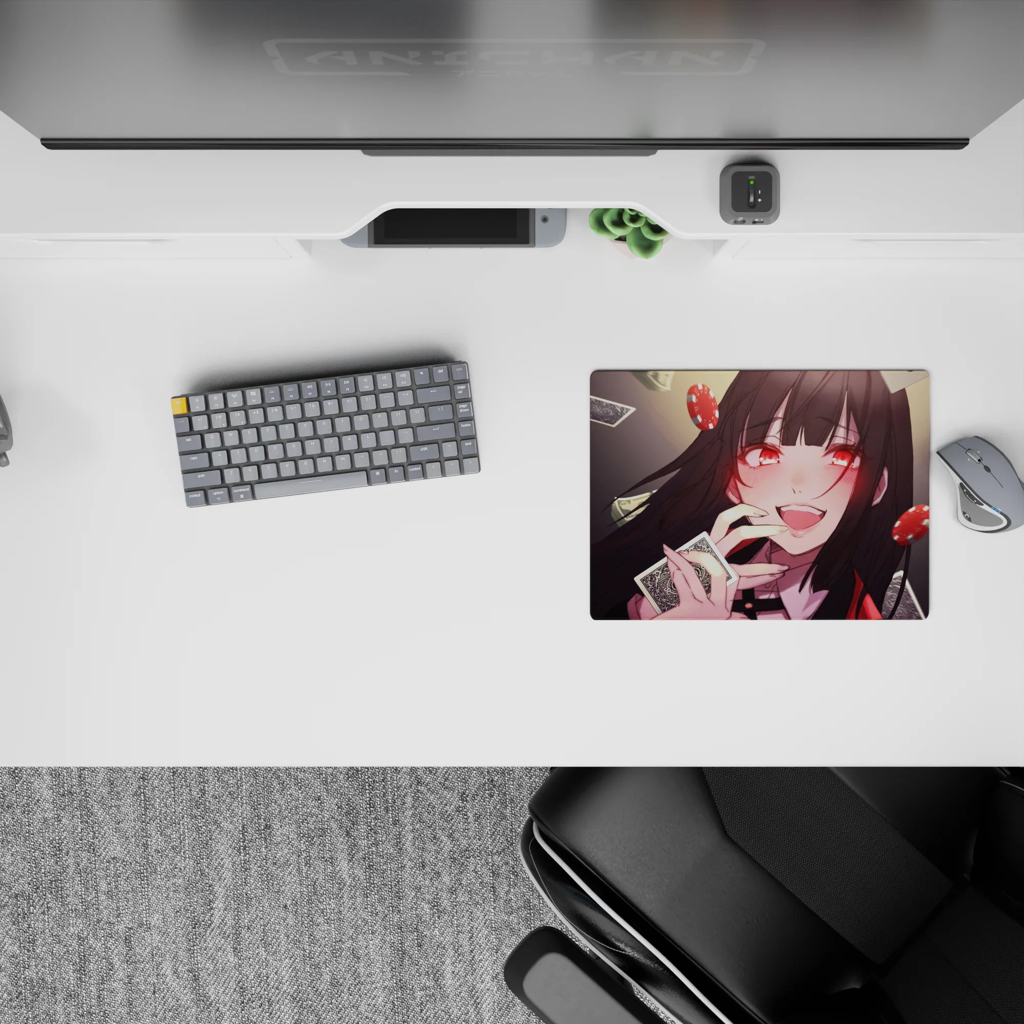 Red and charcoal 14x10 inches anime mouse pad, neon ruby eyes, glossy vibe, smooth tracking.