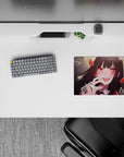 Red and charcoal 14x10 inches anime mouse pad, neon ruby eyes, glossy vibe, smooth tracking.