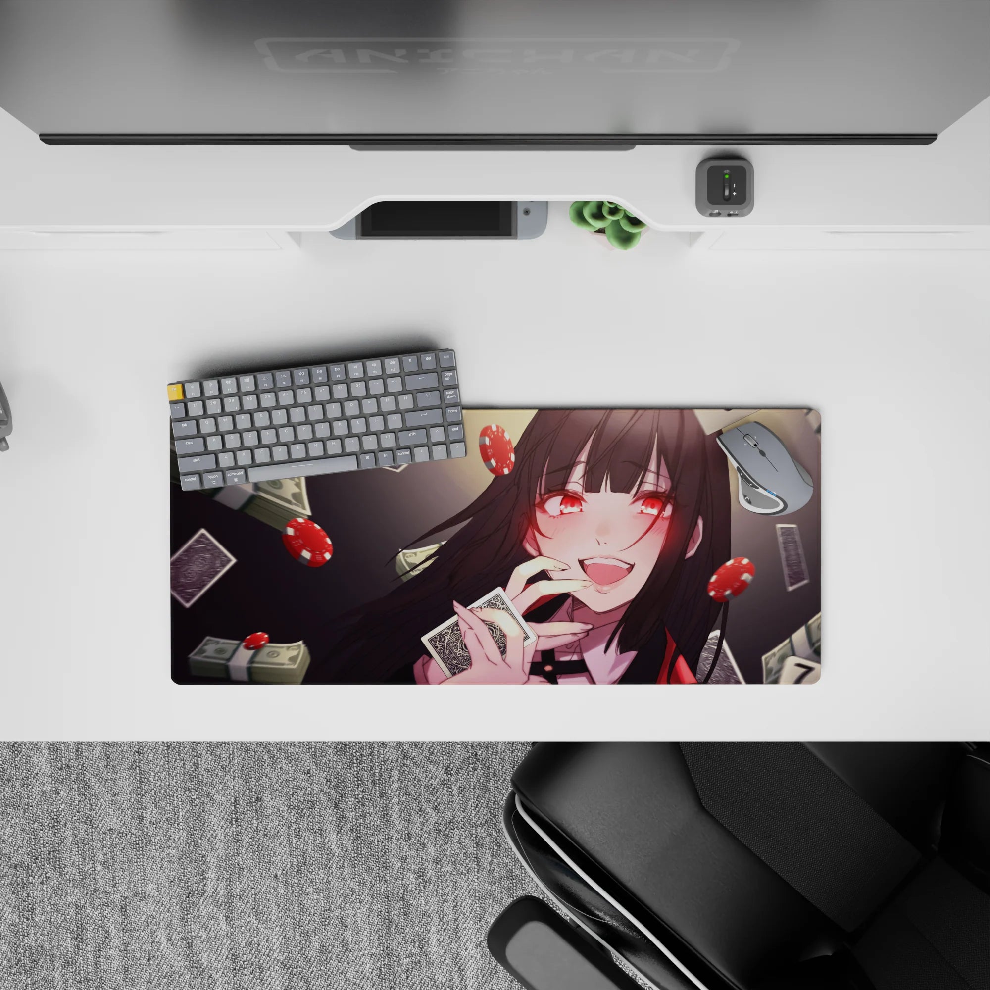 Red and charcoal anime girl mouse pad 28x12 inches with neon ruby eyes and glossy high-stakes vibe.