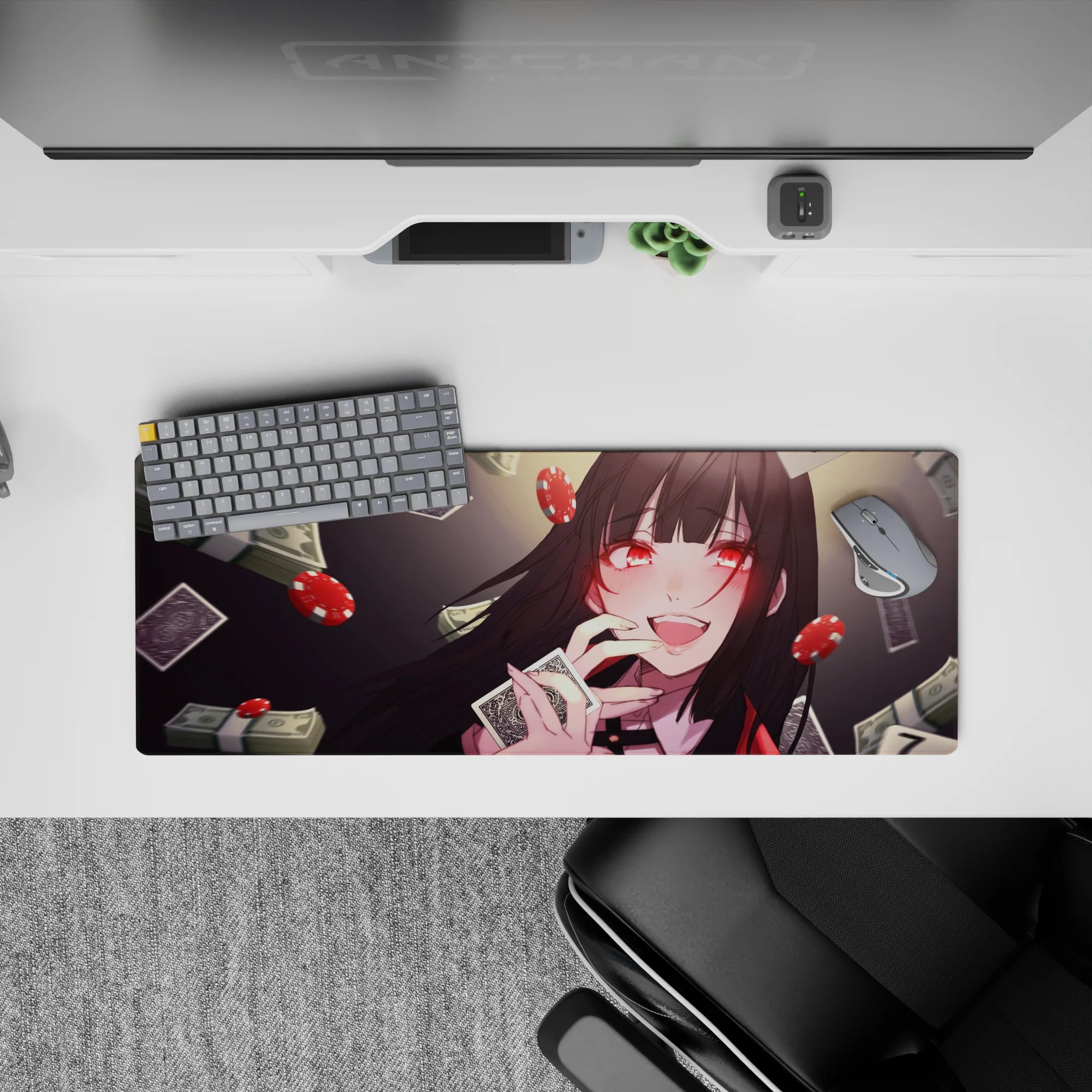 32x12 inches mouse pad in glossy reds and deep charcoal, neon ruby eyes, high-stakes cute vibe.