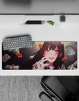 32x12 inches mouse pad in glossy reds and deep charcoal, neon ruby eyes, high-stakes cute vibe.