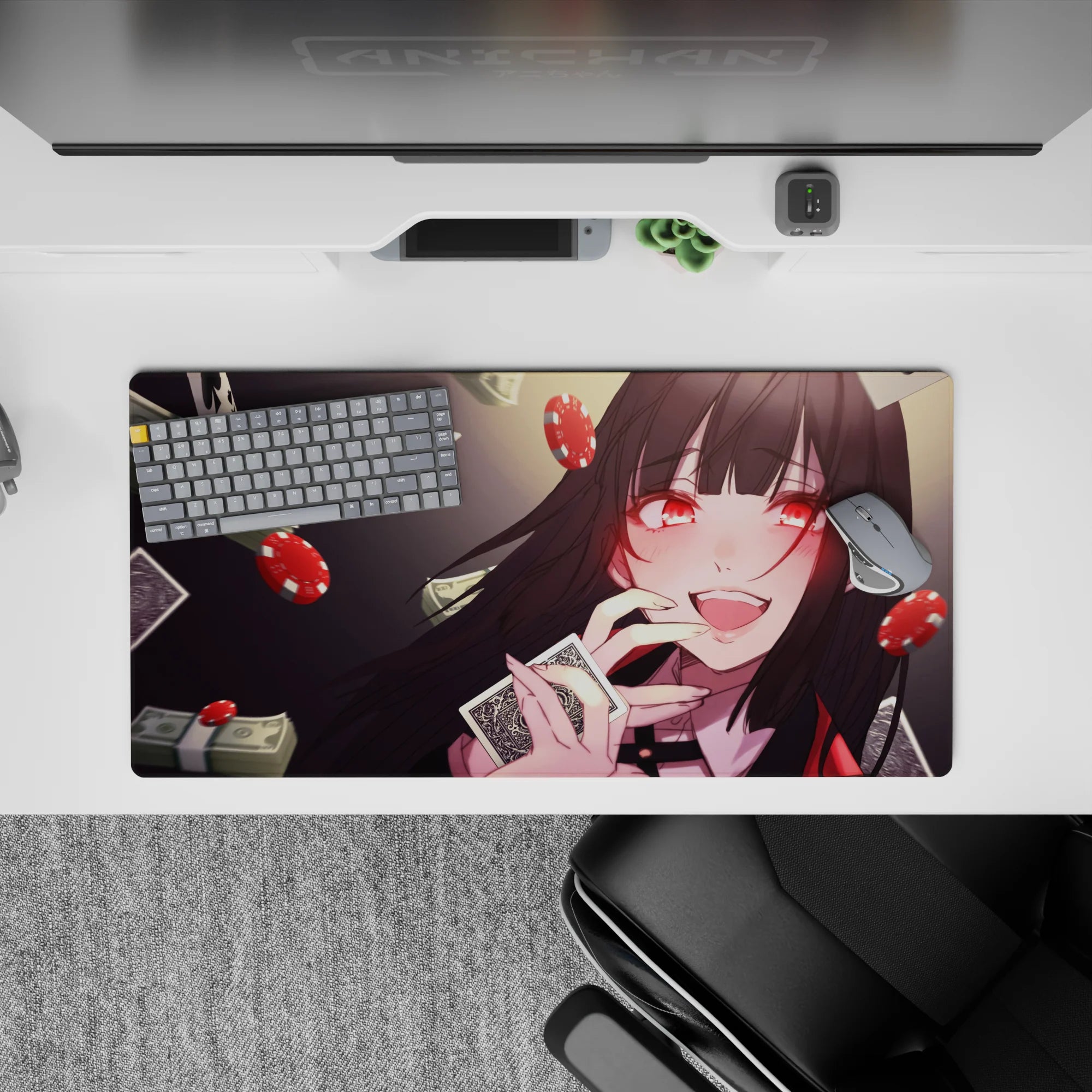 Anime girl mouse pad 32x16 inches in glossy red and deep charcoal, neon ruby eyes, high-stakes vibe.