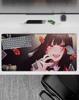 Anime girl mouse pad 32x16 inches in glossy red and deep charcoal, neon ruby eyes, high-stakes vibe.