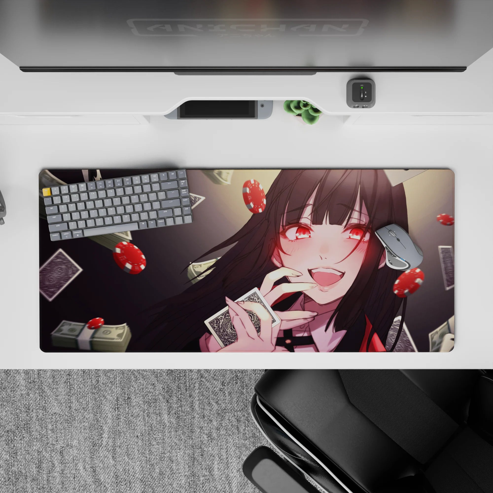 Glossy red and charcoal anime desk pad 36x16 inches, neon ruby eyes and lucky high-stakes vibe.