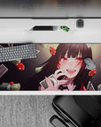 Glossy red and charcoal anime desk pad 36x16 inches, neon ruby eyes and lucky high-stakes vibe.