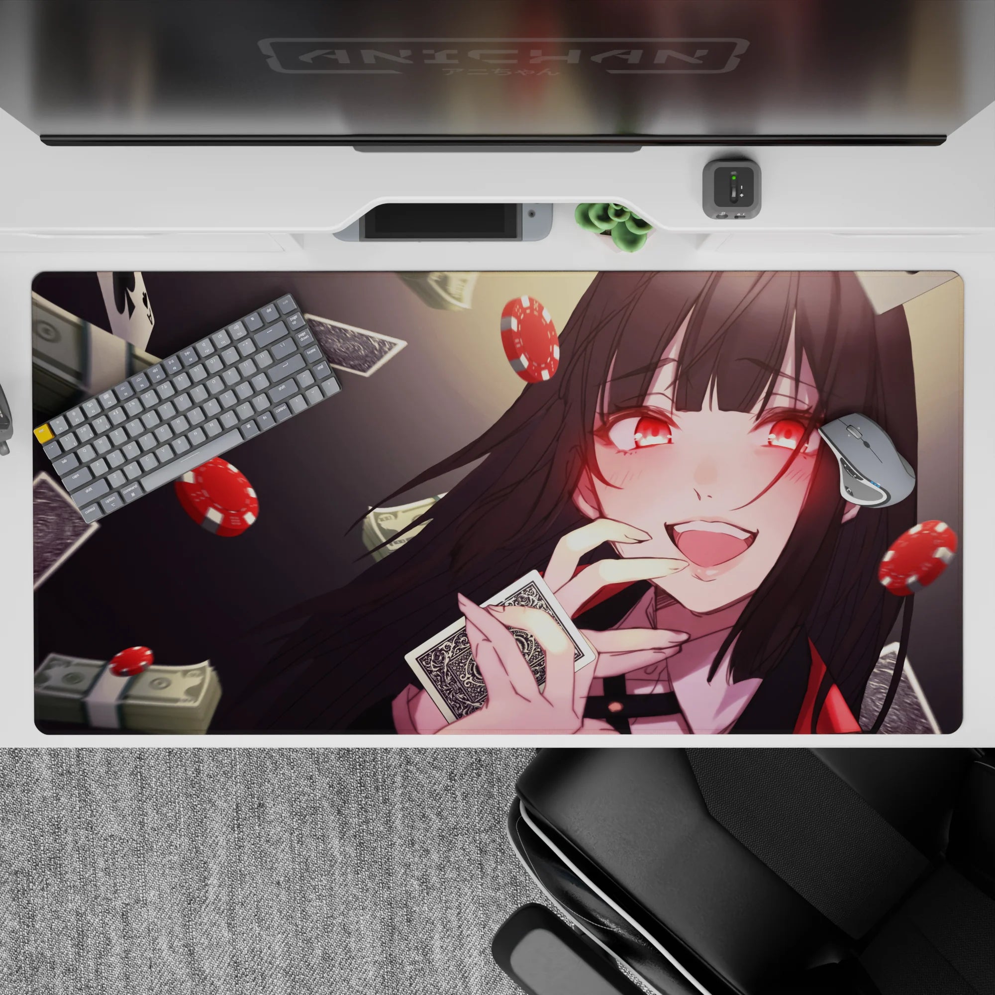 Red-and-charcoal anime desk pad 40x20 inches, glossy crimson accents and neon ruby eyes, lucky vibe.
