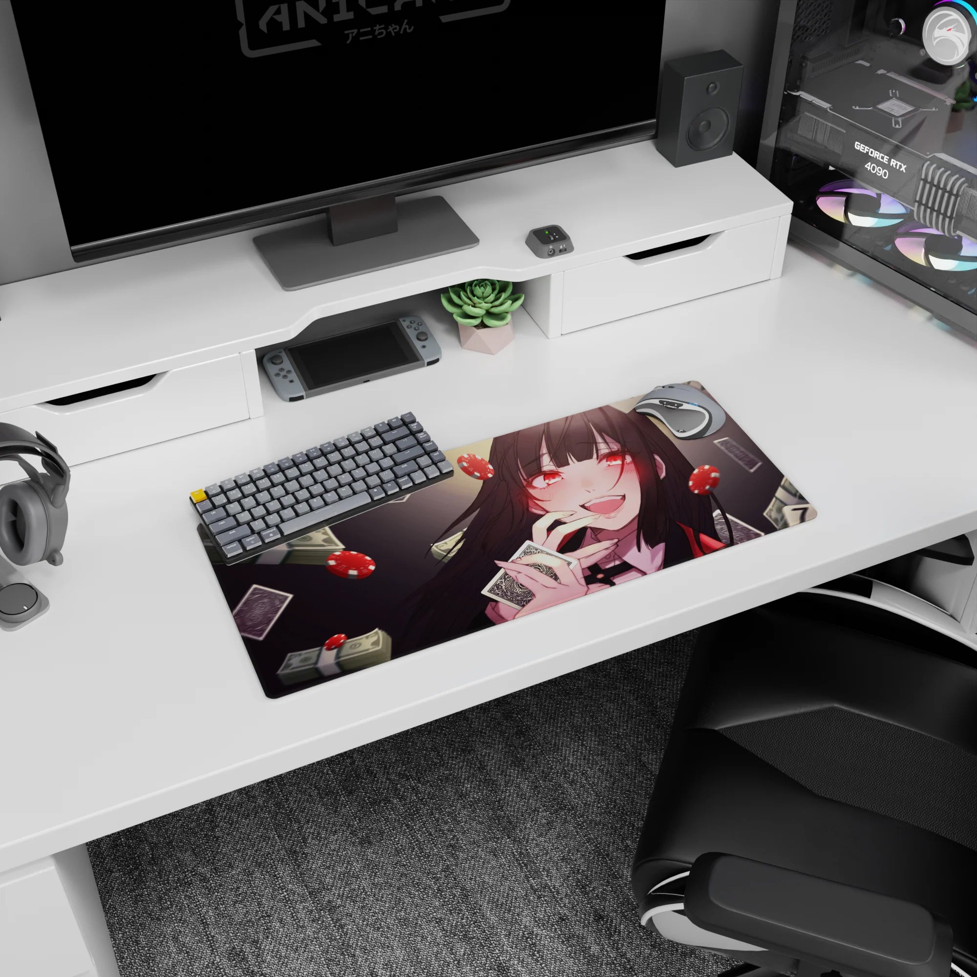 Black-haired anime girl grinning with a playing card, casino confetti on a 28x12 inches mouse pad.