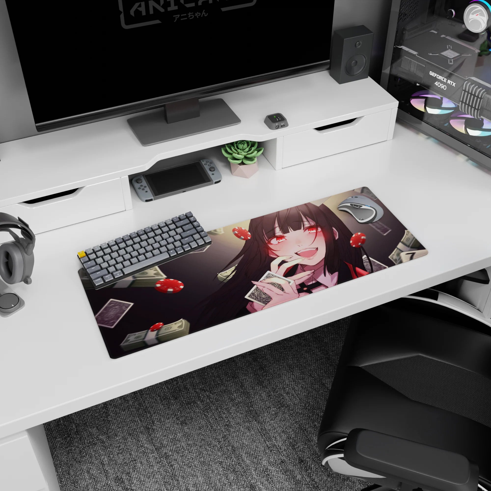 32x12 inches anime desk mat featuring a black-haired girl teasing a playing card amid floating dice and money.