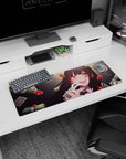 32x12 inches anime desk mat featuring a black-haired girl teasing a playing card amid floating dice and money.