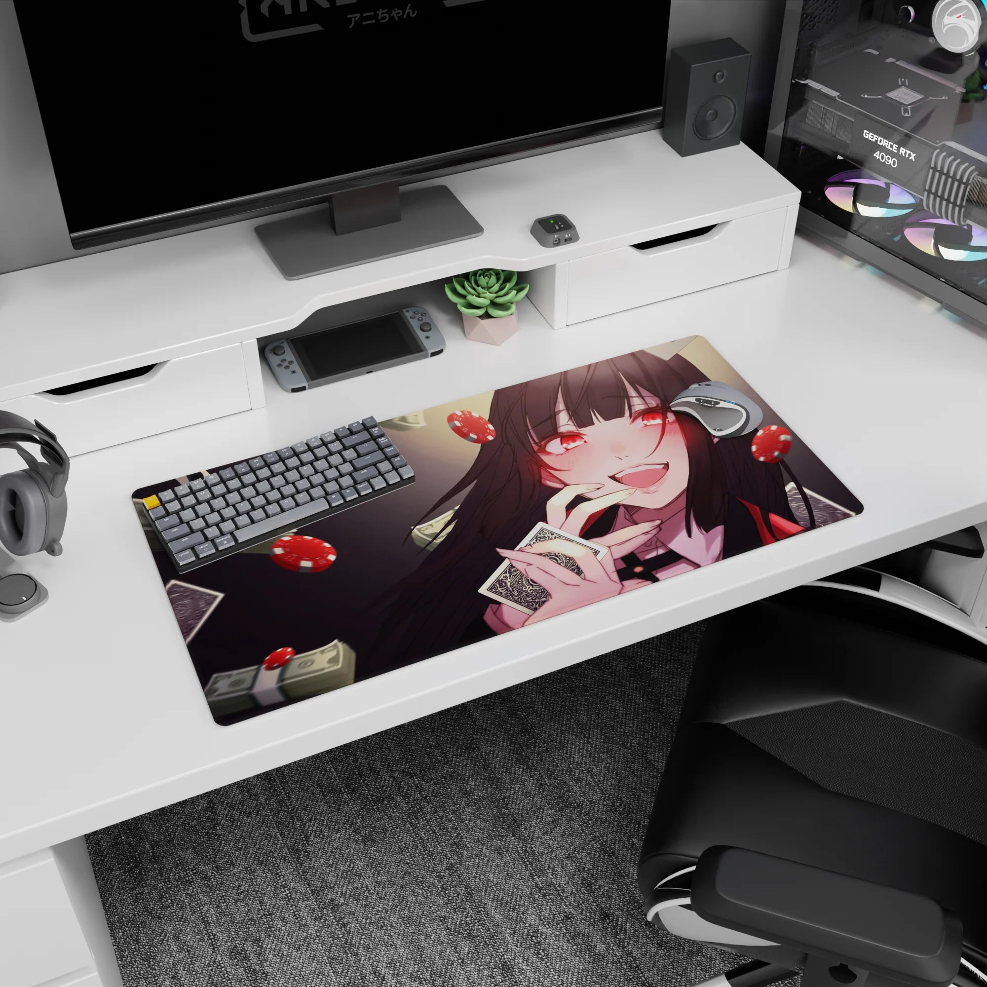 Anime girl mouse pad 32x16 inches showing black-haired girl grinning, teasing a card by her lips.