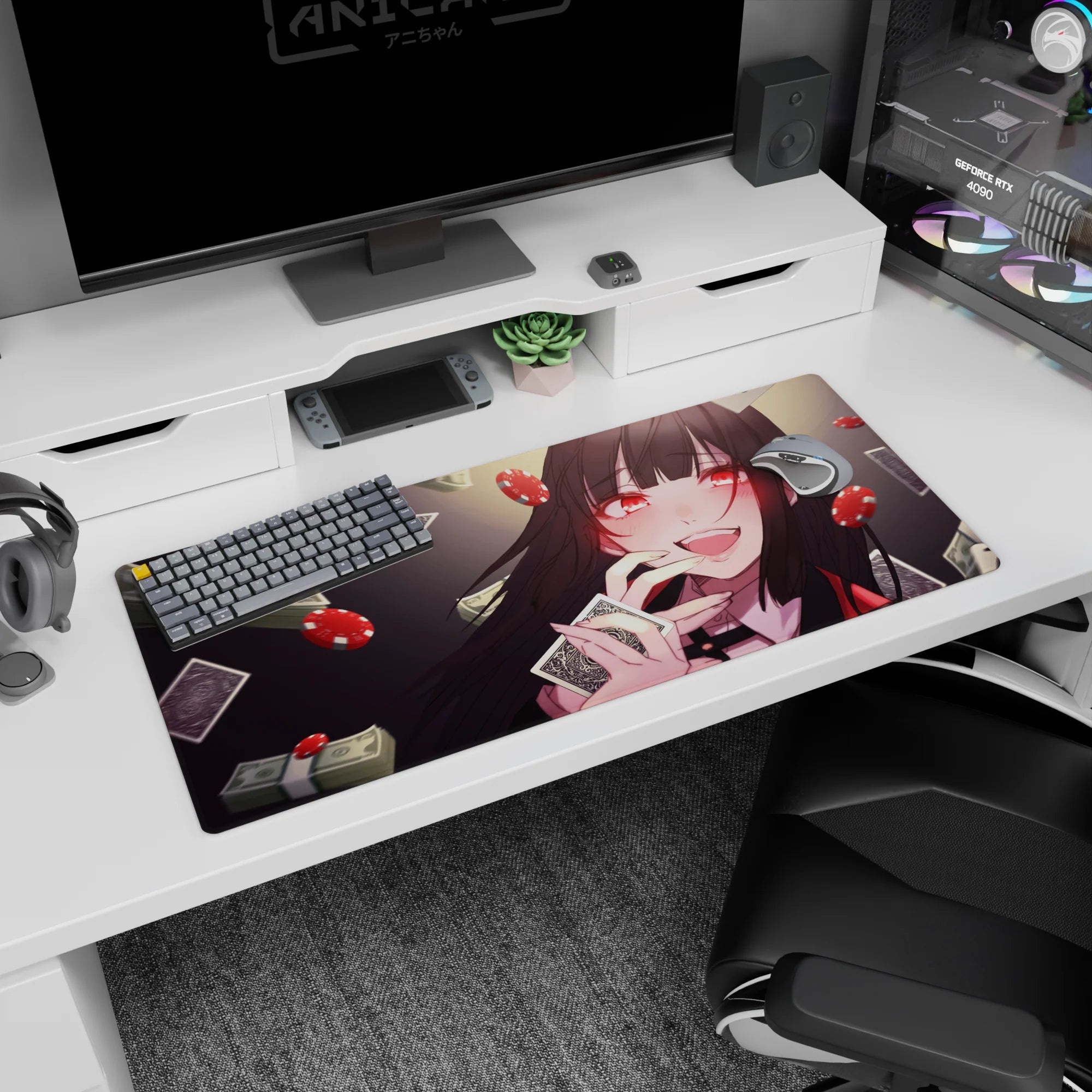 Black-haired anime girl desk pad 36x16 inches, grinning with a card at her lips amid chips and dice.