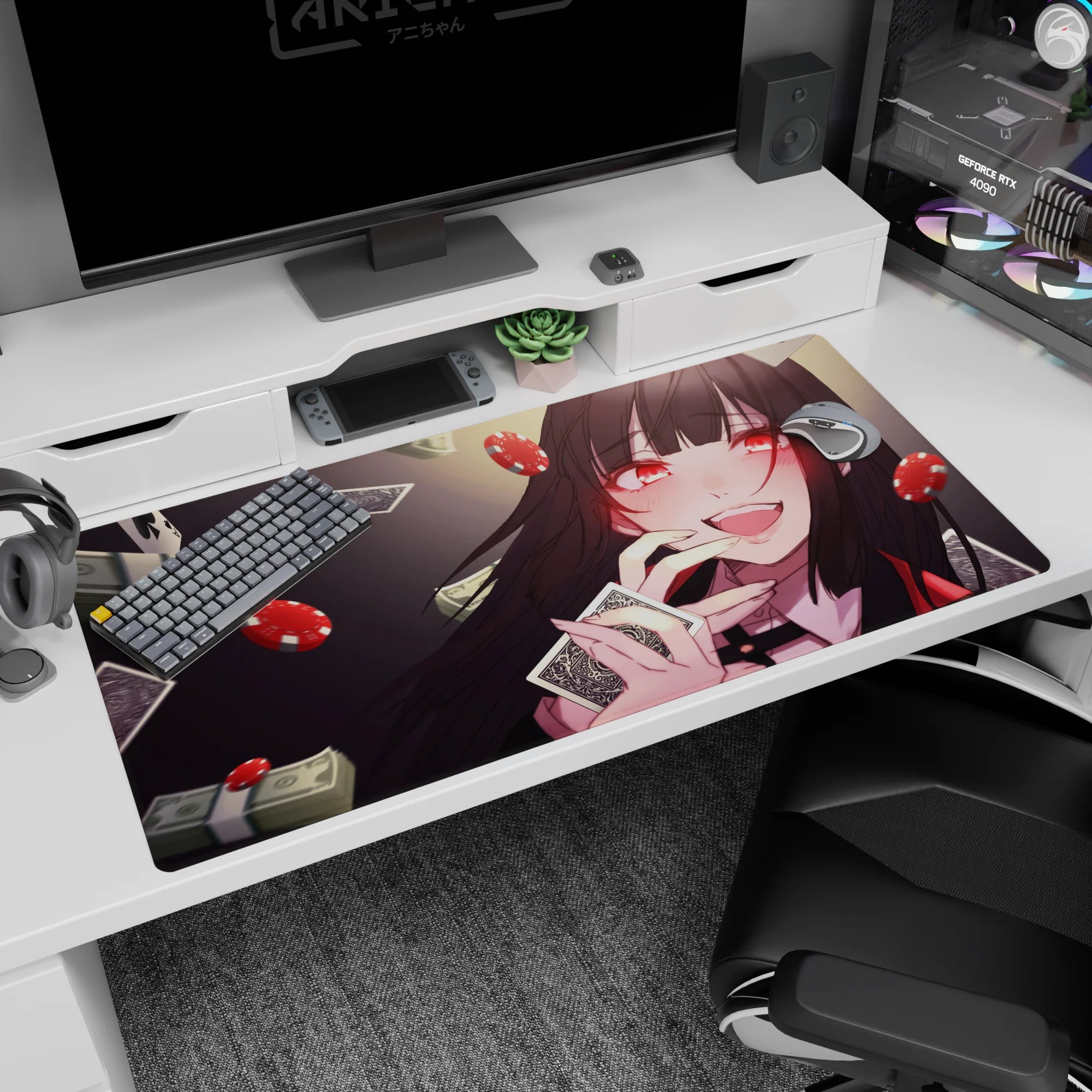 Black-haired anime girl desk pad 40x20 inches, grinning with card at lips amid floating chips and dice.