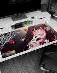 Black-haired anime girl desk pad 40x20 inches, grinning with card at lips amid floating chips and dice.