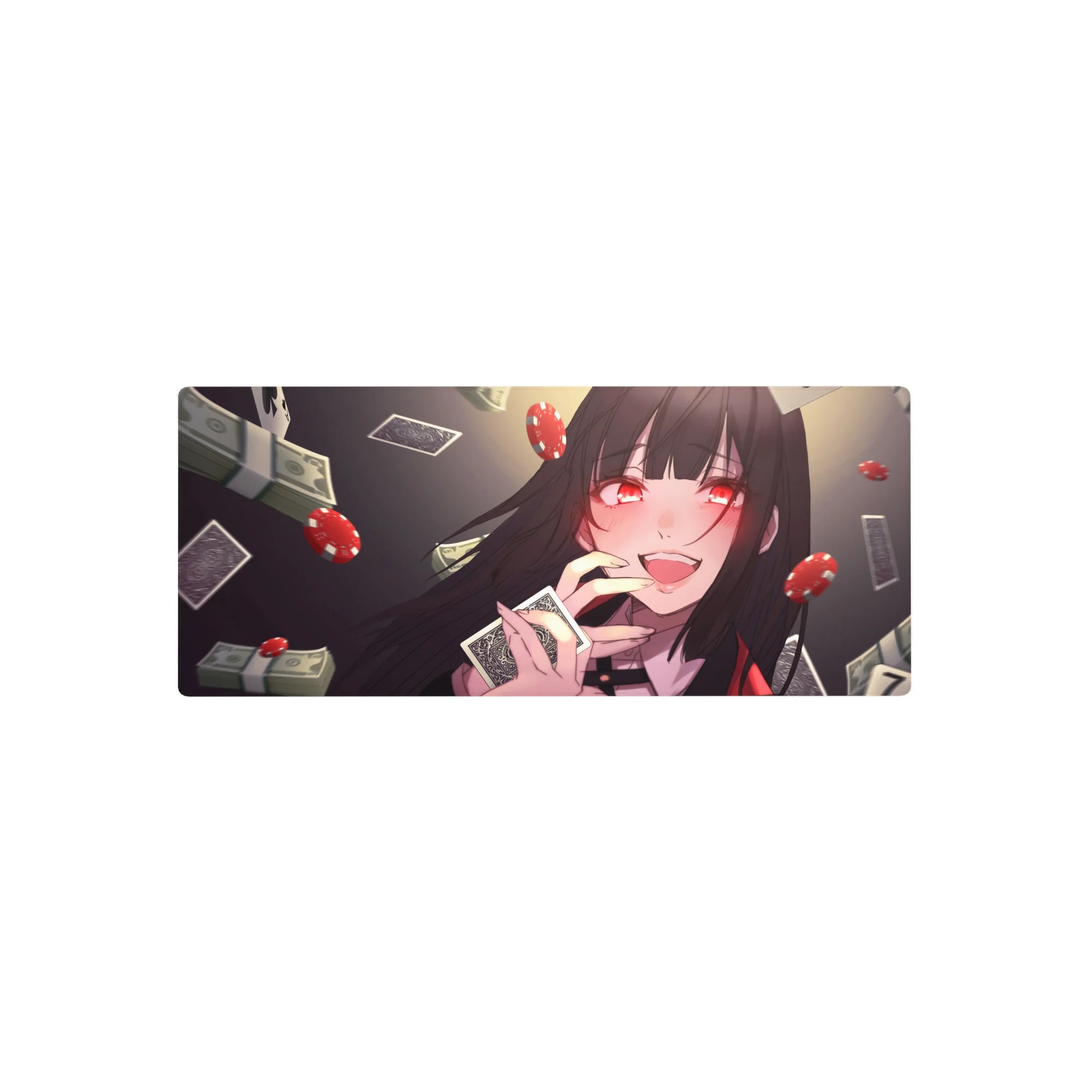 Anime girl mouse pad 28x12 inches with casino theme, dice, chips, money, and playing card details.
