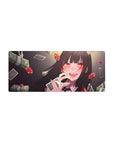 Anime girl mouse pad 28x12 inches with casino theme, dice, chips, money, and playing card details.