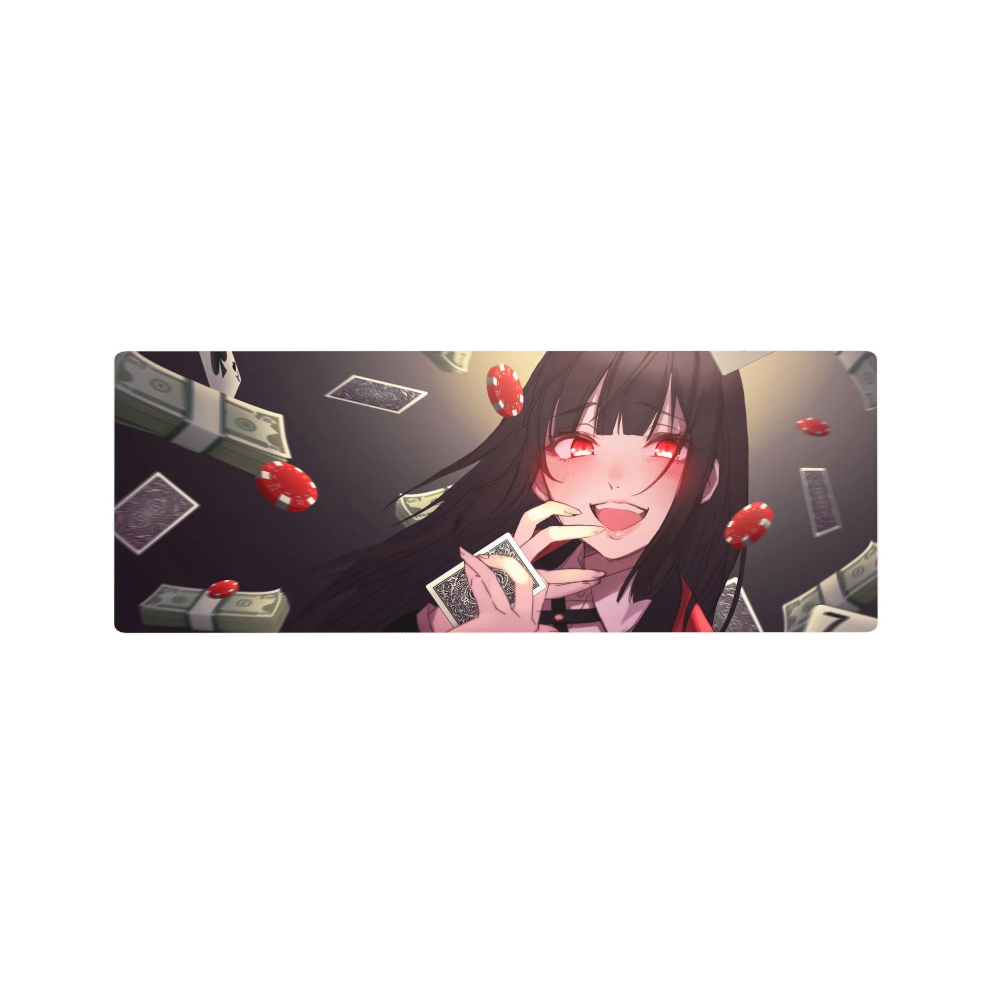 32x12 inches anime girl mouse pad with casino theme, black-haired grin, cards, dice, chips, and cash.