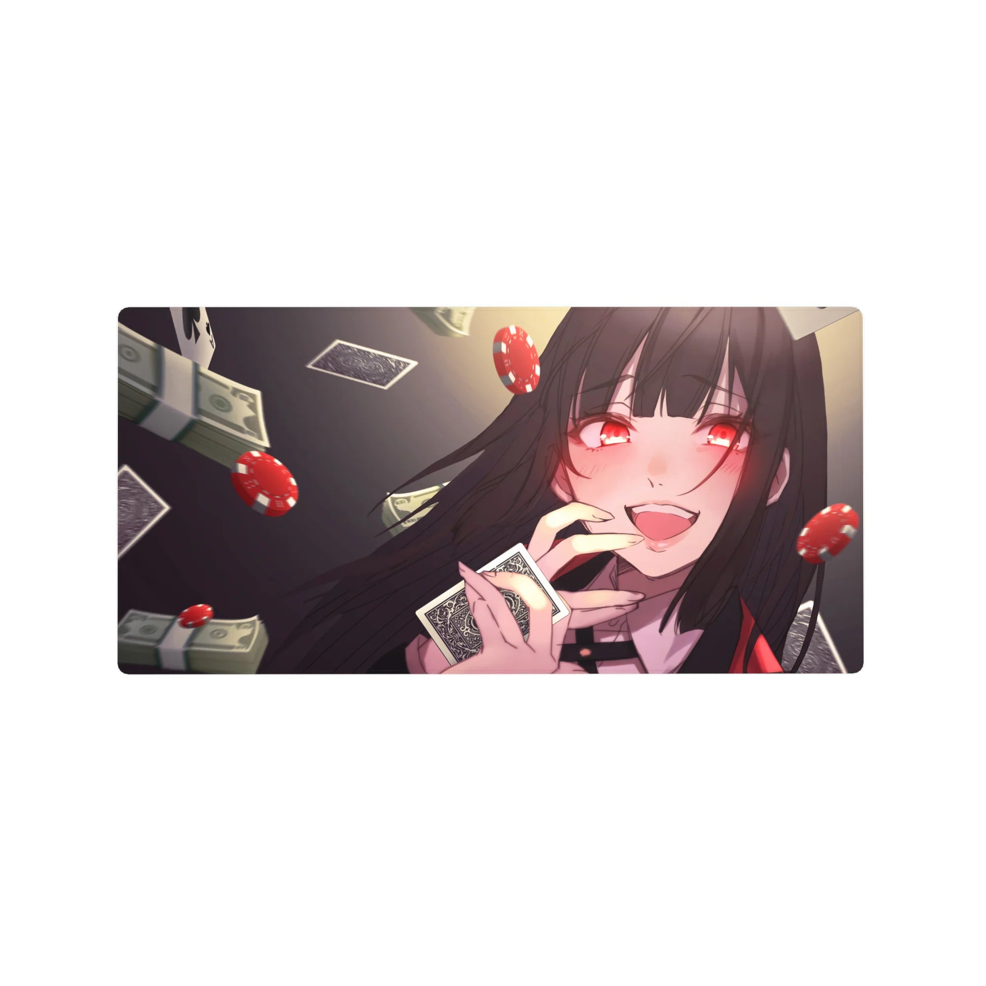 Anime girl mouse pad 32x16 inches with casino theme, playing cards, dice, chips, and money accents.