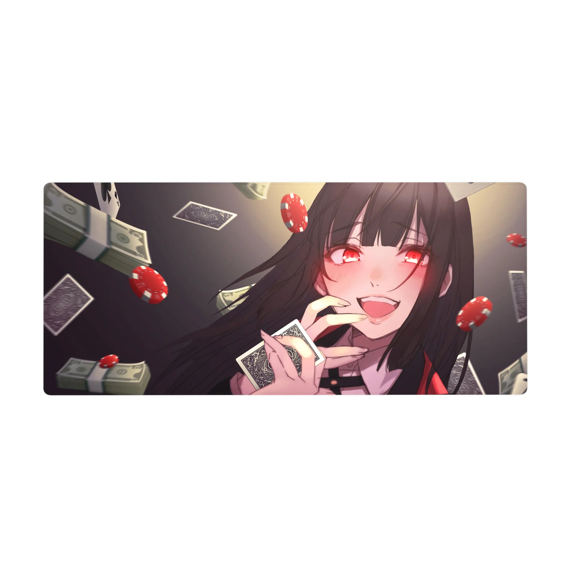Anime girl desk pad 36x16 inches with casino theme, playing cards, dice, chips, and money accents.