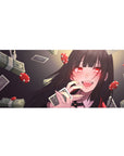 Anime girl desk pad 36x16 inches with casino theme, playing cards, dice, chips, and money accents.