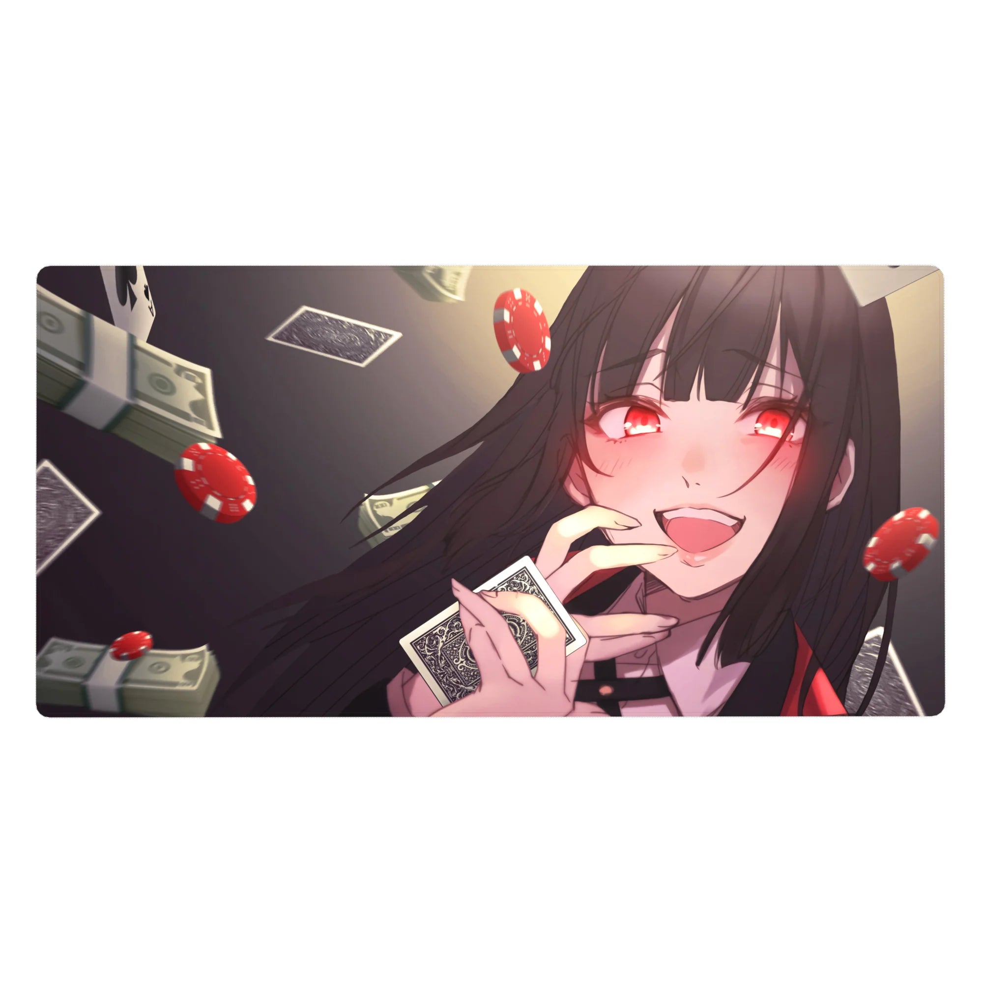 Anime girl desk pad 40x20 inches with casino theme, dice, chips, cash, and a playful card pose.