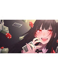 Anime girl desk pad 40x20 inches with casino theme, dice, chips, cash, and a playful card pose.