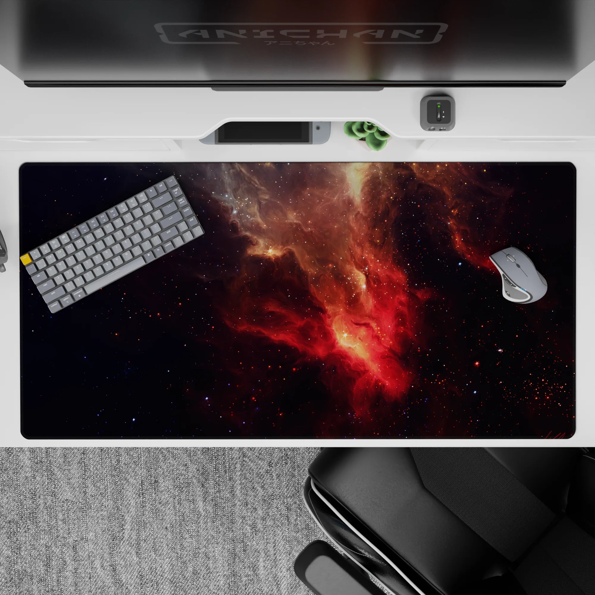 Deep black to smoky purple with fiery red and gold dust desk pad 40x20 inches for a dreamy setup.