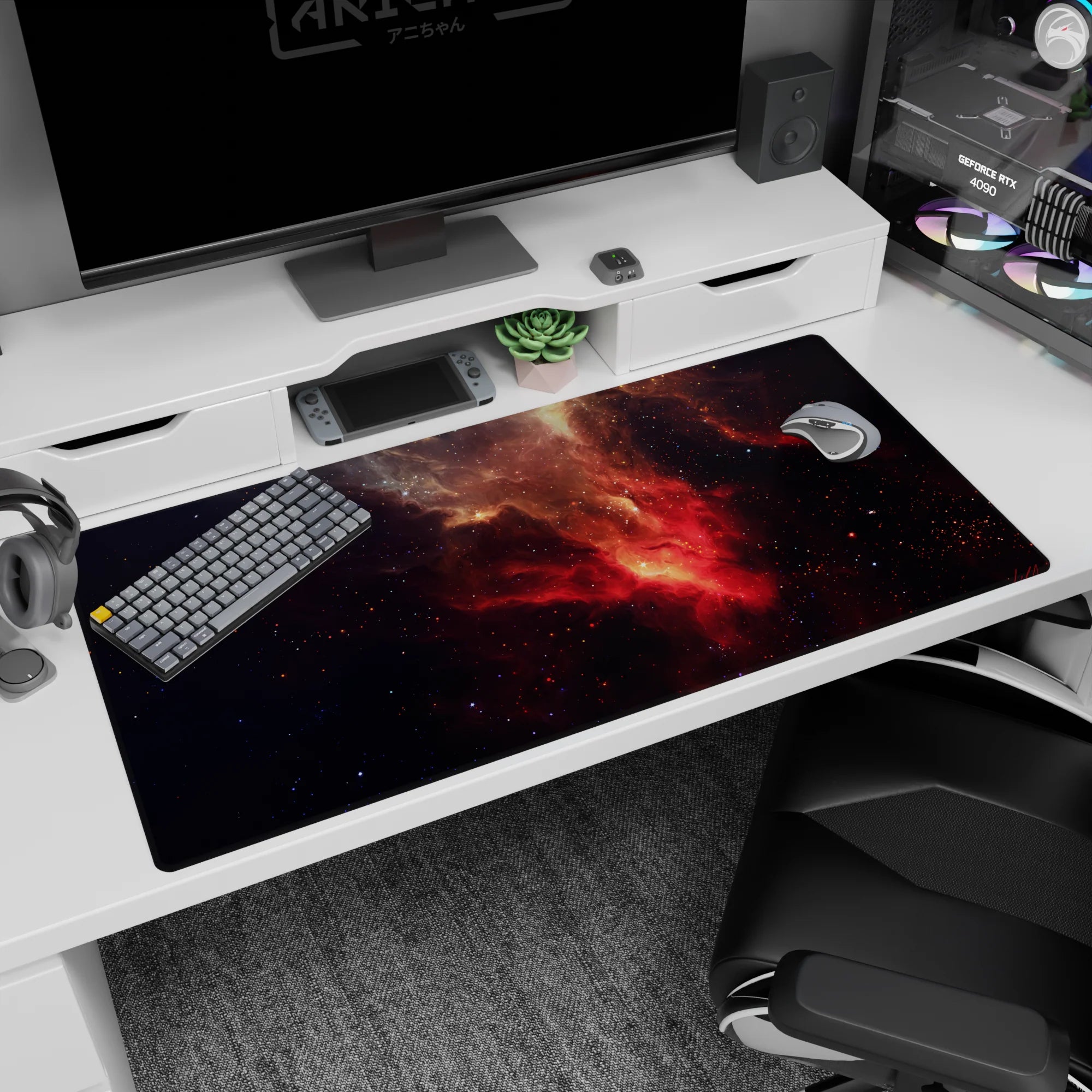 Night-sky nebula scene desk pad 40x20 inches showing swirling cosmic clouds and stardust.