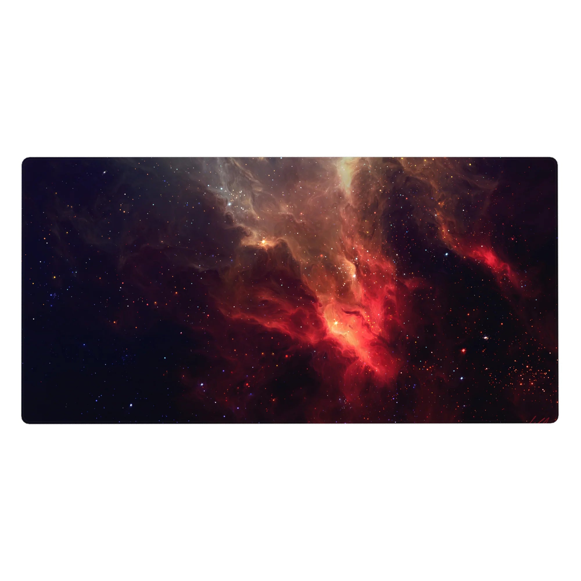 Starry nebula galaxy desk pad 40x20 inches with swirling cloud pattern and smooth tracking surface.