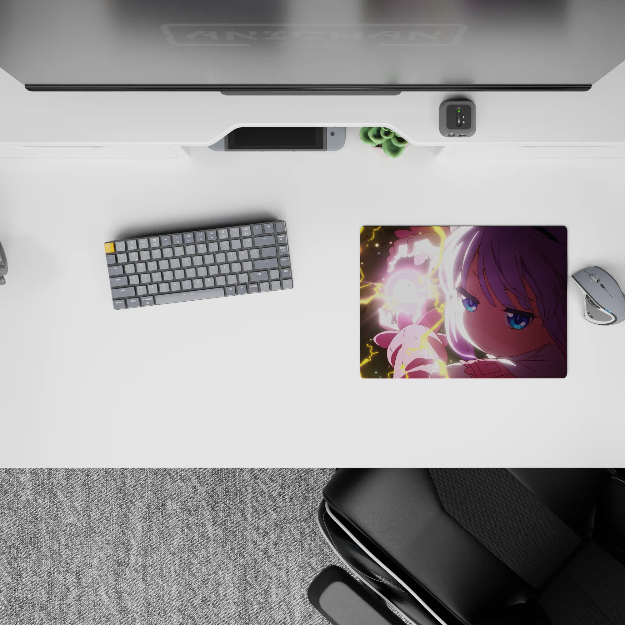 Neon pink and lavender anime girl mouse pad 14x10 inches, dreamy late-night vibe with electric yellow sparks.