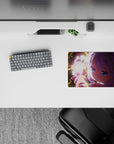 Neon pink and lavender anime girl mouse pad 14x10 inches, dreamy late-night vibe with electric yellow sparks.