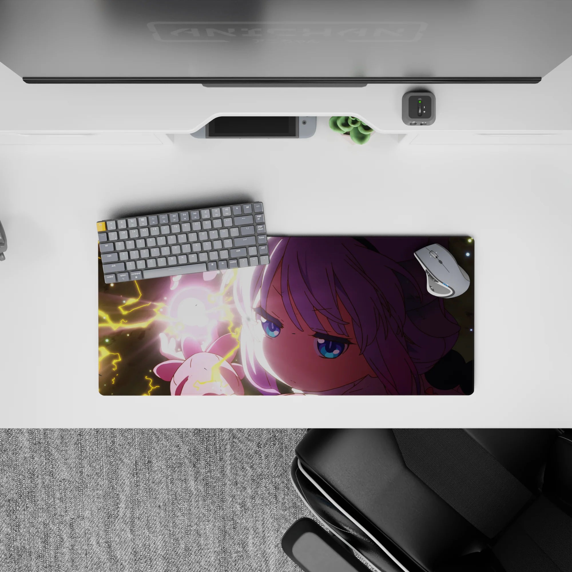 28x12 inches anime girl mouse pad in neon pink and lavender with bright blue eyes, dreamy late-night vibe.