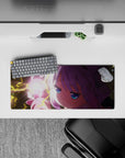 28x12 inches anime girl mouse pad in neon pink and lavender with bright blue eyes, dreamy late-night vibe.