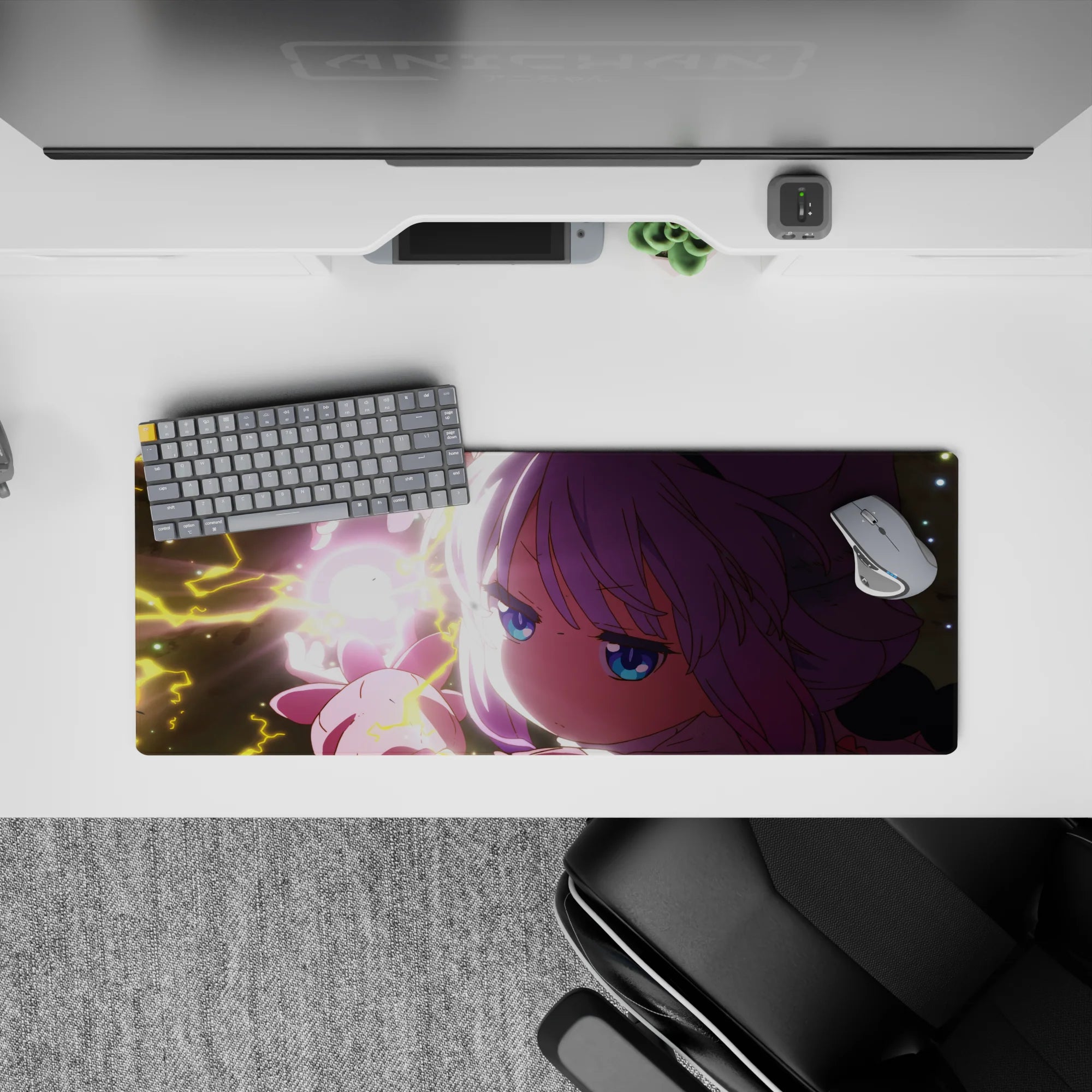32x12 inches anime girl mouse pad in neon pink and soft lavender, starry night backdrop, fierce dreamy mood.