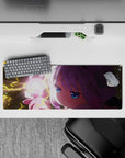 32x12 inches anime girl mouse pad in neon pink and soft lavender, starry night backdrop, fierce dreamy mood.