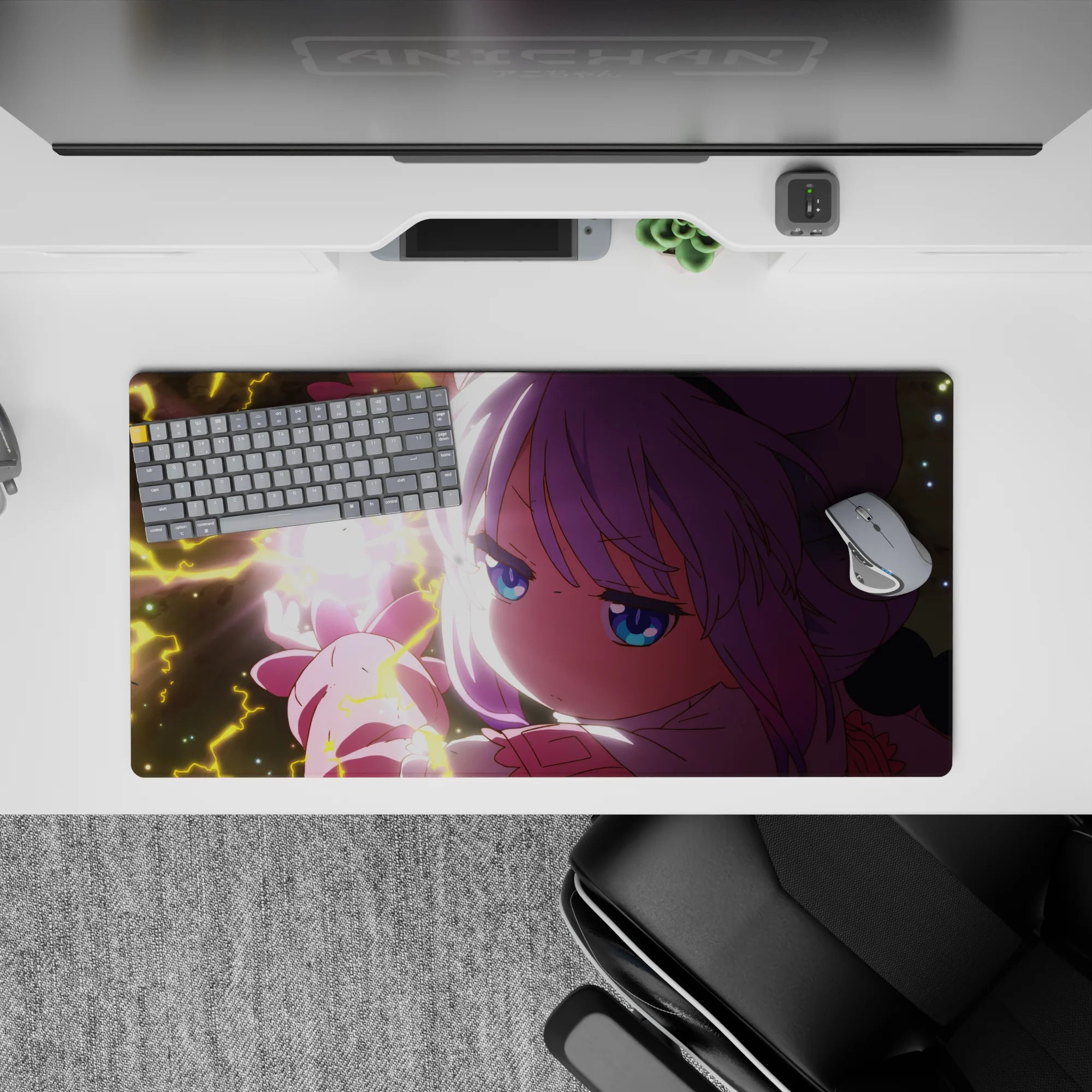 32x16 inches anime desk mat in neon pink and lavender, dreamy late-night vibe with crackling yellow glow.