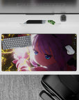 32x16 inches anime desk mat in neon pink and lavender, dreamy late-night vibe with crackling yellow glow.