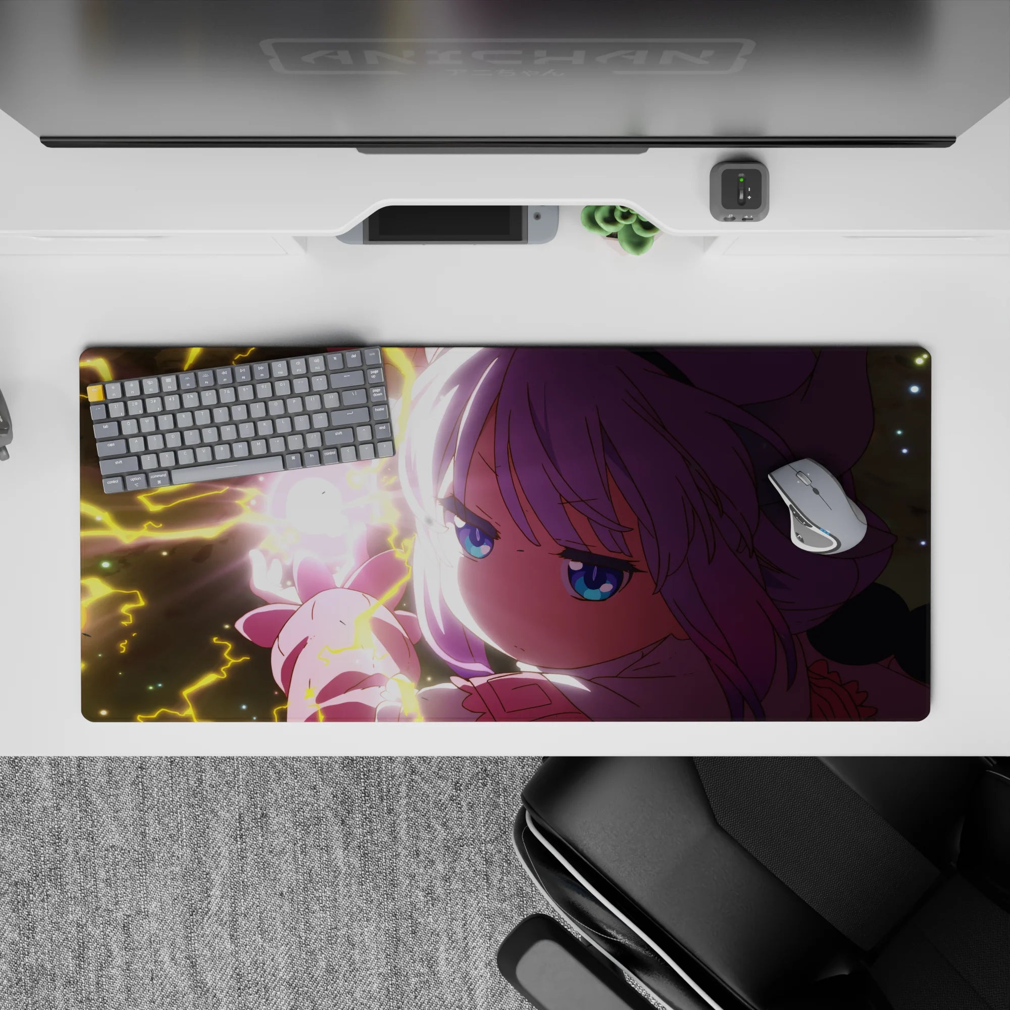 Neon pink and pastel lavender anime desk pad 36x16 inches, starry night backdrop, cozy fierce vibe.