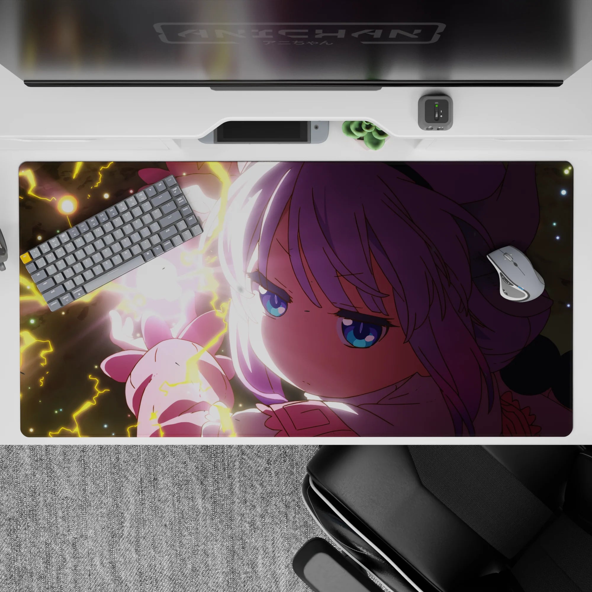 40x20 inches anime girl desk pad in neon pink and lavender, dreamy late-night vibe with bright blue eyes.