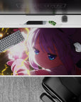 40x20 inches anime girl desk pad in neon pink and lavender, dreamy late-night vibe with bright blue eyes.