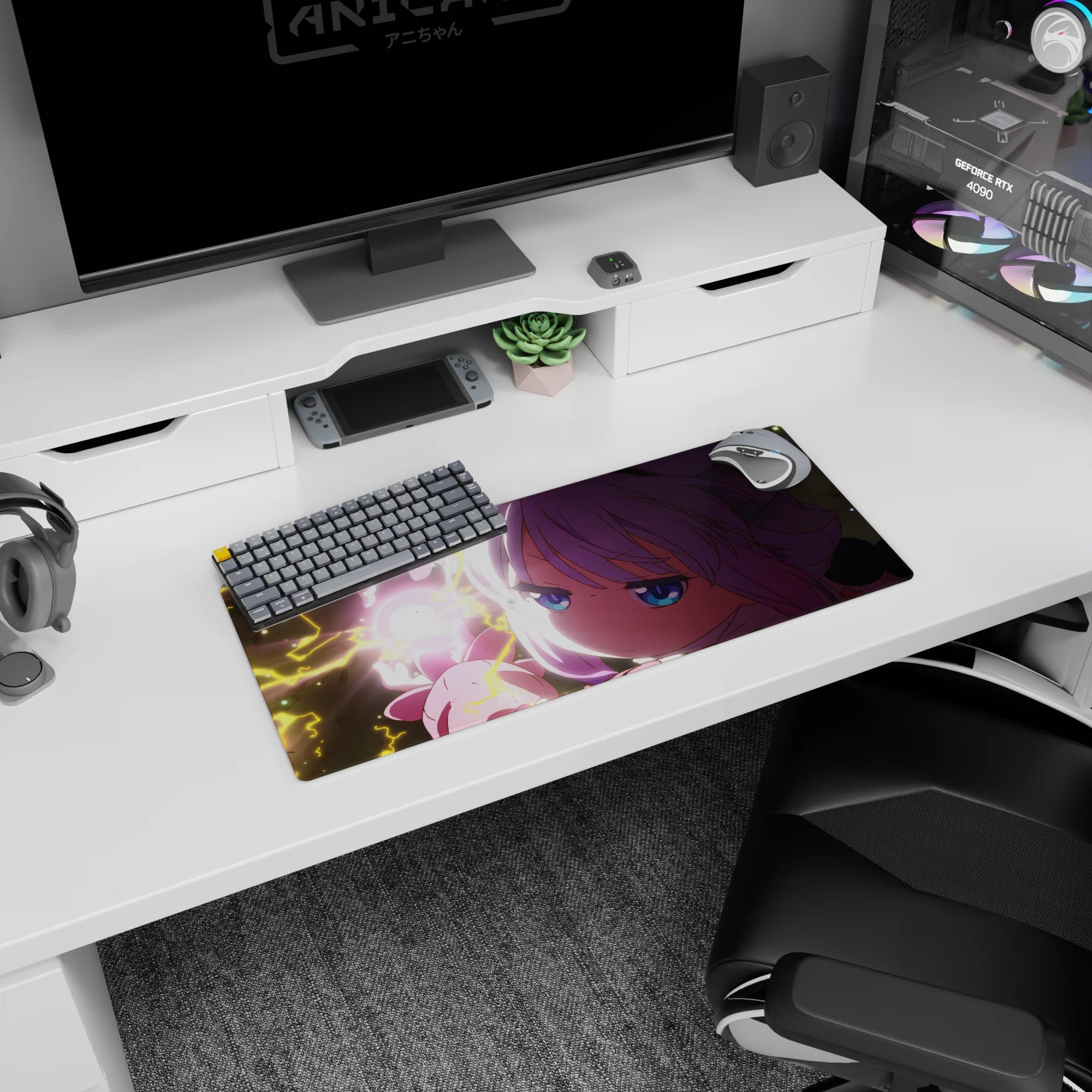 28x12 inches anime girl mouse pad showing a fierce magical girl holding a glowing heart amid yellow lightning.