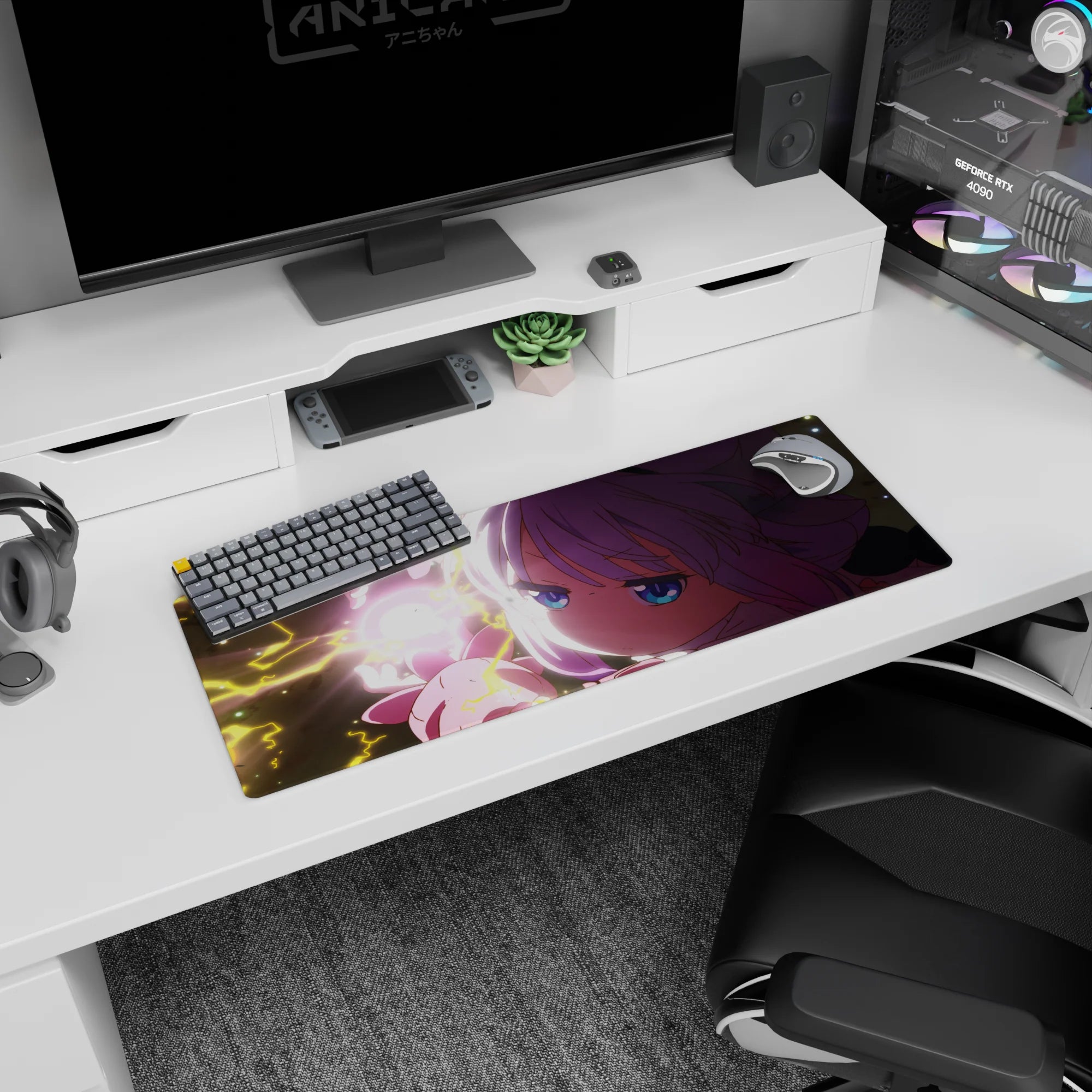32x12 inches anime girl mouse pad featuring a blue-eyed girl holding a glowing heart light with yellow lightning.