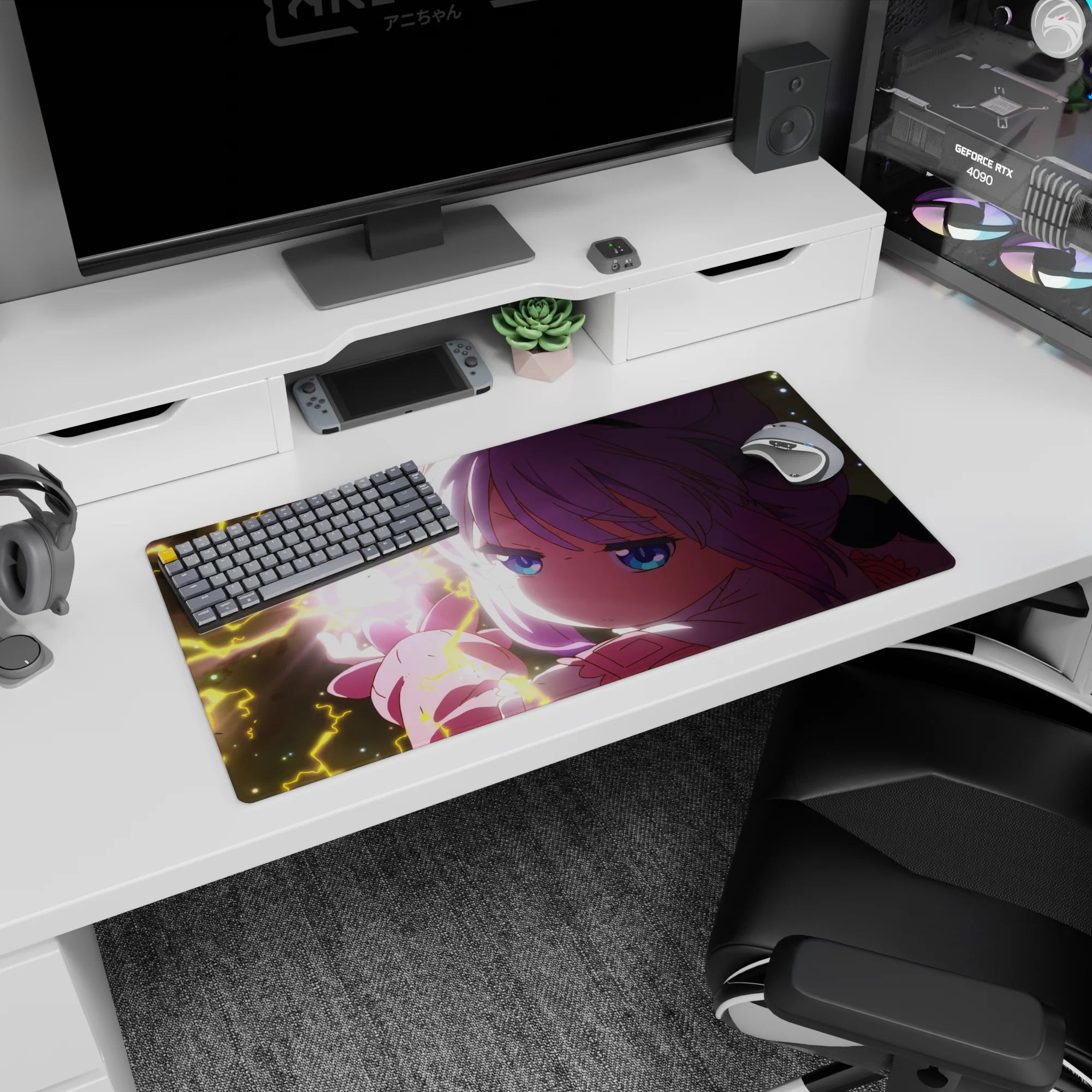 32x16 inches mouse pad showing a magical anime girl holding a glowing heart of light amid yellow lightning.