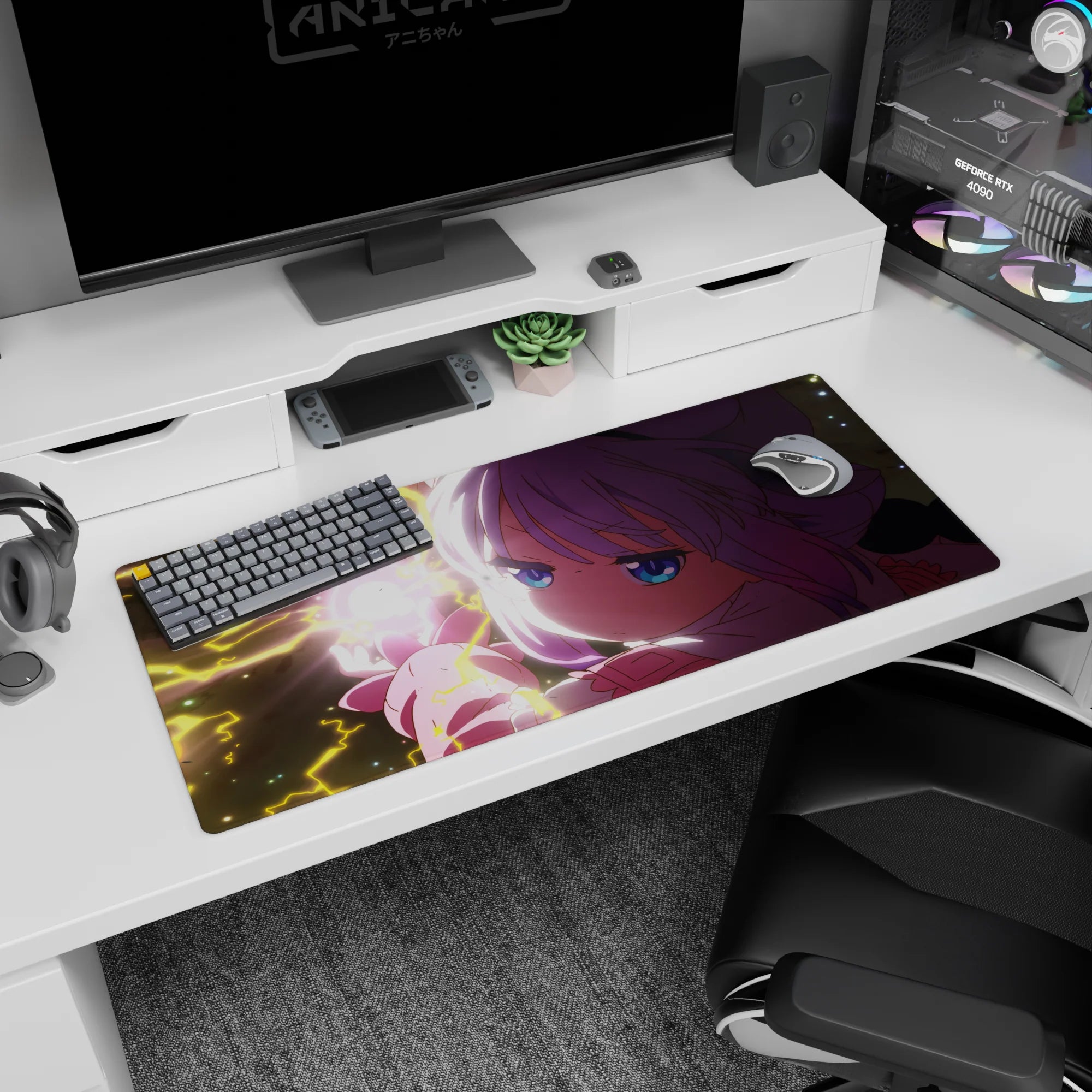 Magical girl holding a glowing heart amid yellow lightning on anime desk pad 36x16 inches.