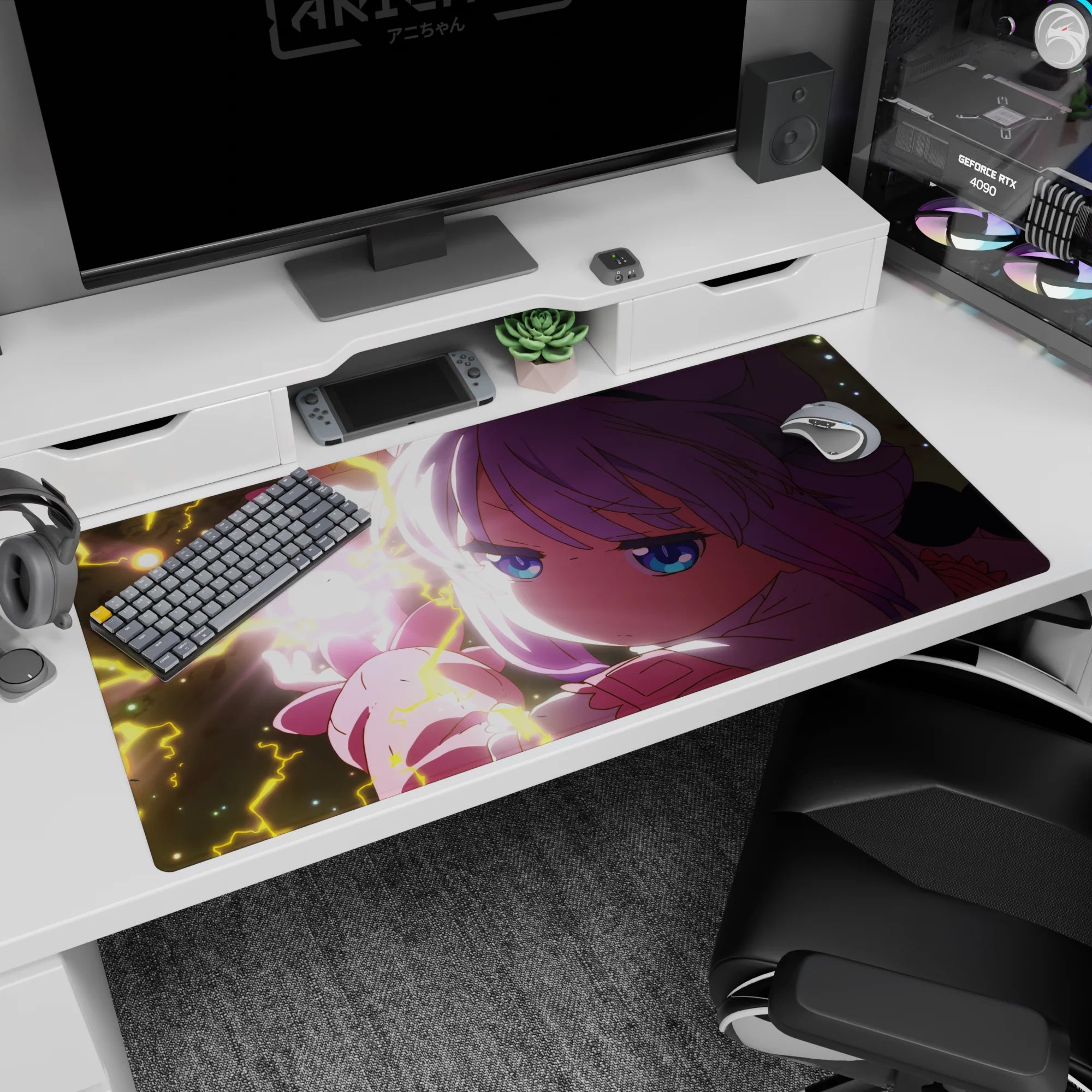 Anime girl holding a glowing heart of light with yellow lightning on a starry desk pad 40x20 inches.